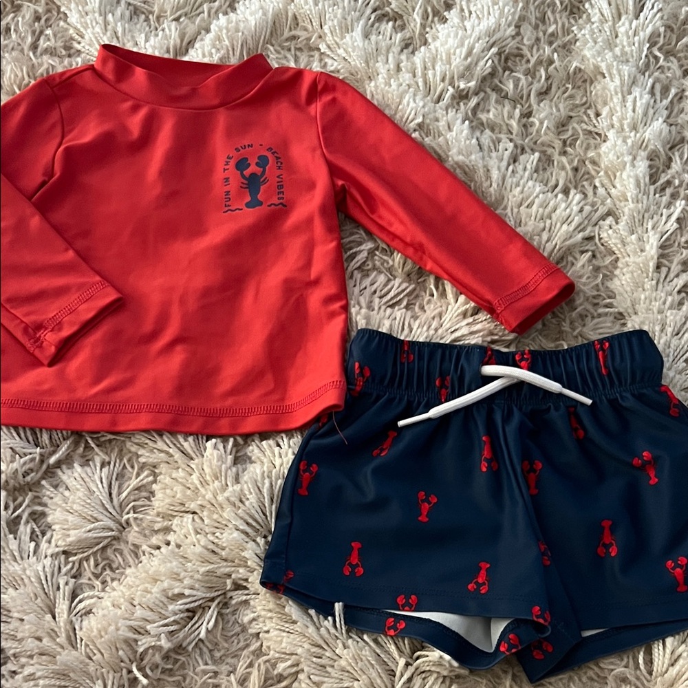 Carters Red Long-Sleeve Rash Guard & Navy Lobster Swim Shorts Set - Kids